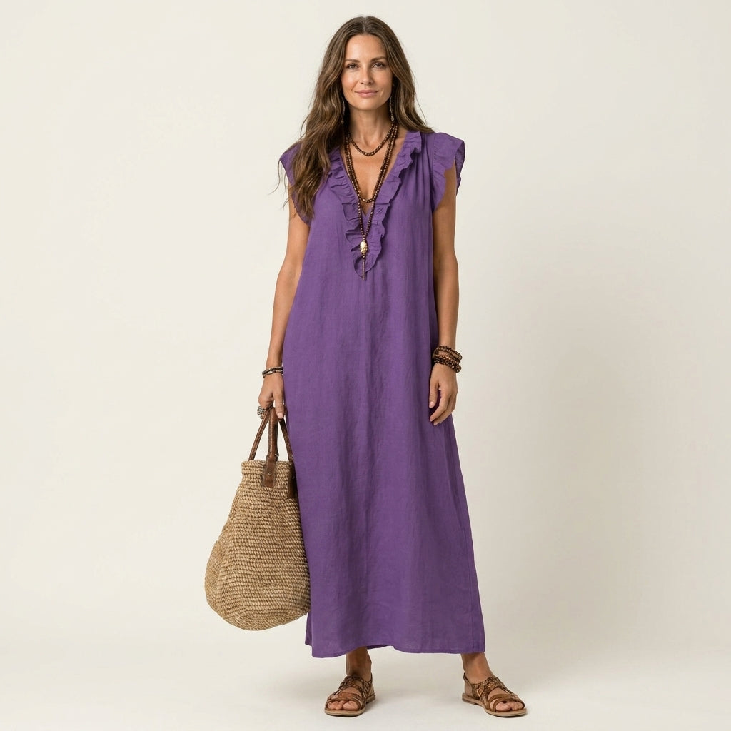 Vestido longo solto com decote V de babados e bolsos — Bene Donna — imagem 15