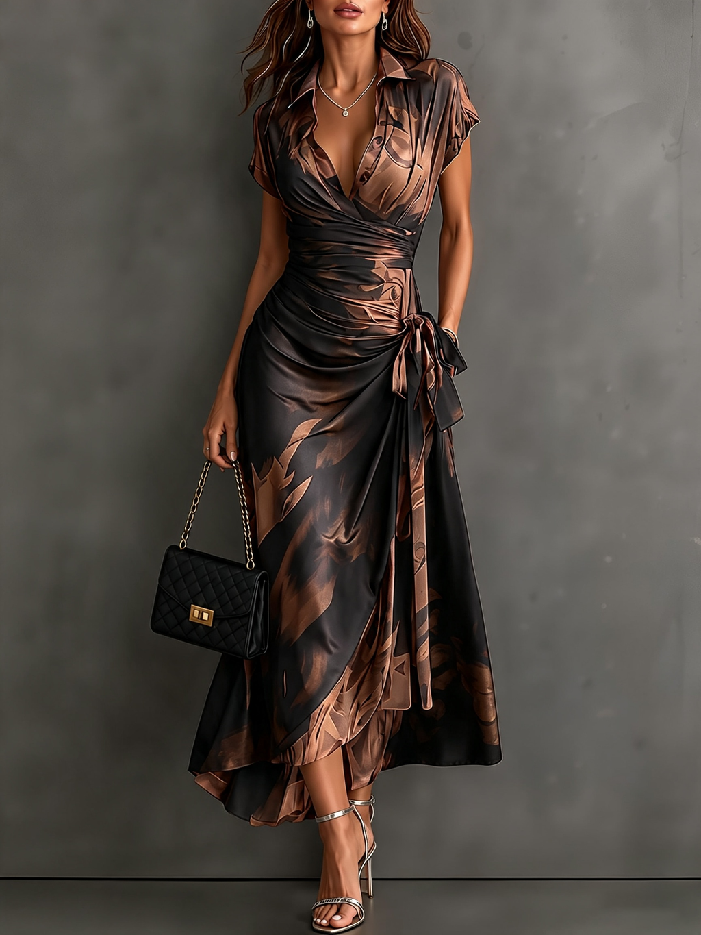 Vestido longo transpassado com gola e barra de babados — Bene Donna — imagem 01