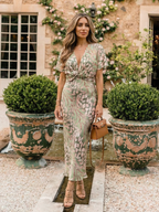Vestido midi abstrato com detalhe torcido na cintura — Bene Donna — imagem 07