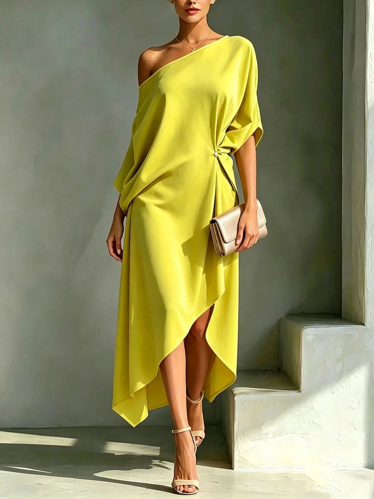 Vestido midi assimétrico com caimento drapeado — Bene Donna — imagem 01