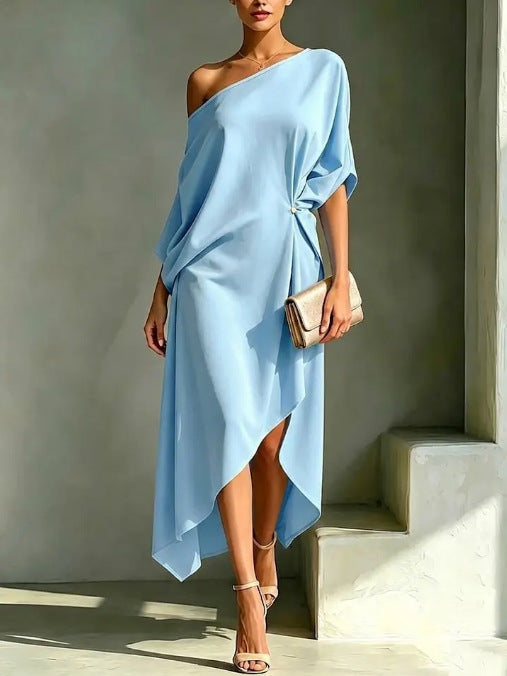 Vestido midi assimétrico com caimento drapeado — Bene Donna — imagem 02