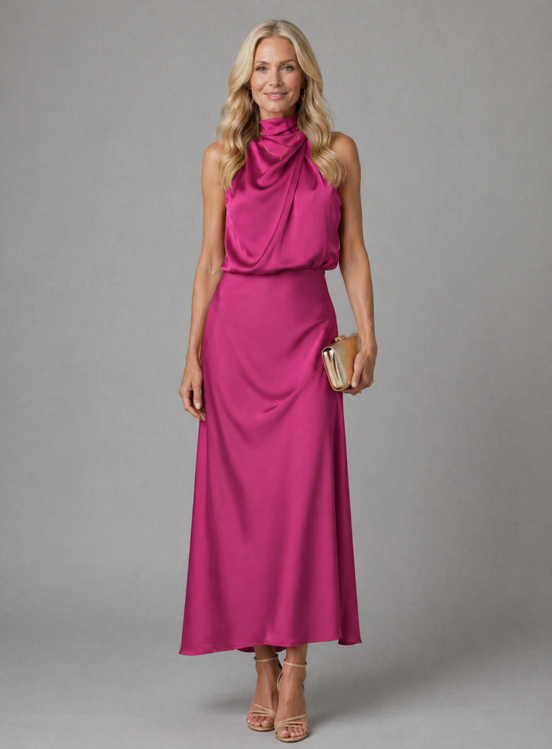 Vestido midi de gola alta com drapeado suave — Bene Donna — imagem 02