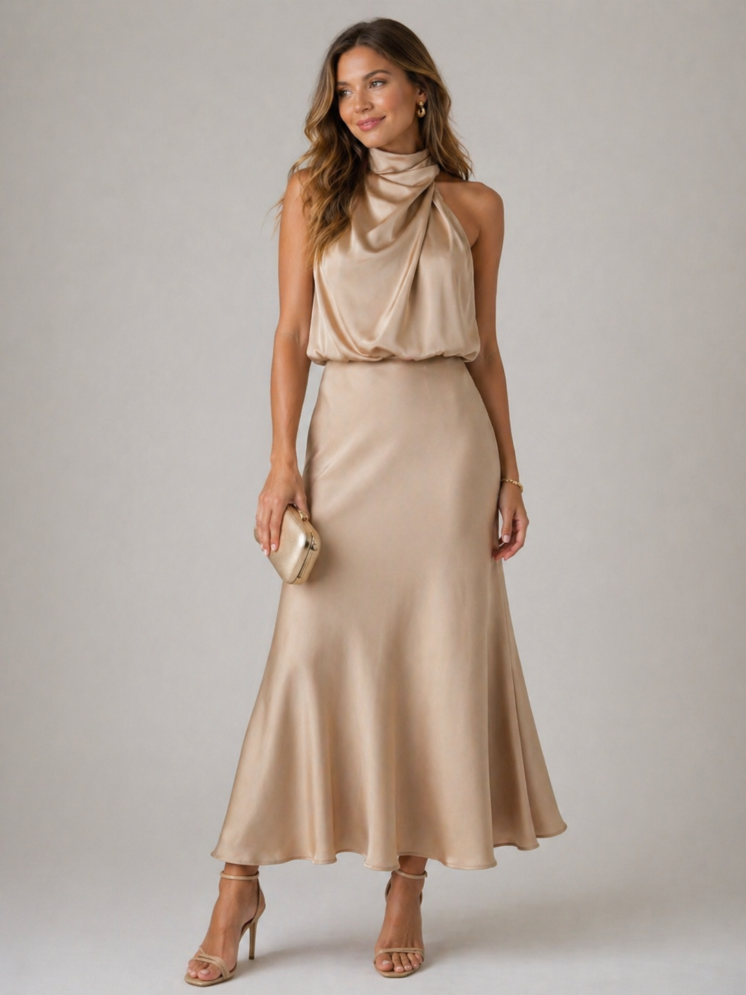 Vestido midi de gola alta com drapeado suave — Bene Donna — imagem 05