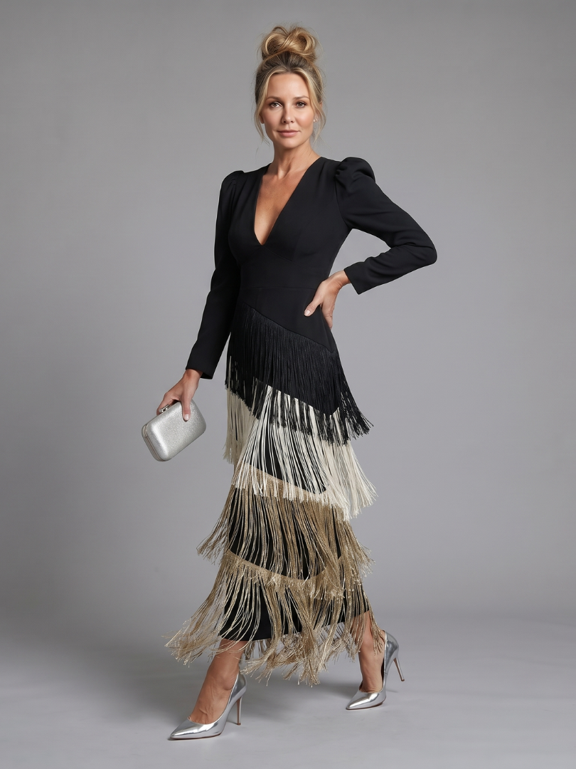 Vestido midi de mangas longas com saia de franjas — Bene Donna — imagem 06