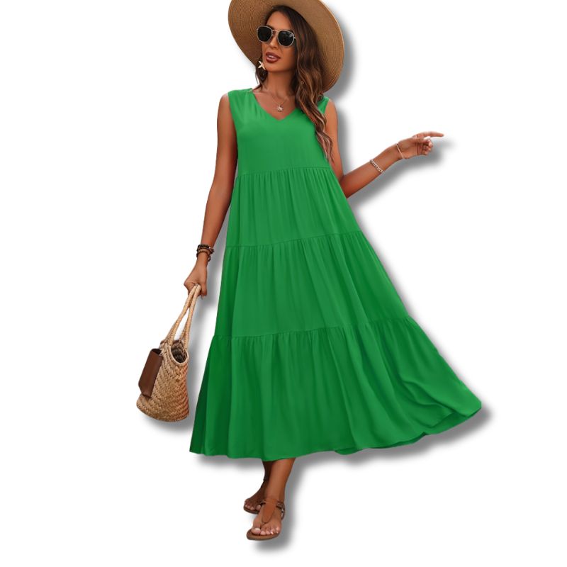 Vestido midi de rayon com decote V e camadas — Bene Donna — imagem 03