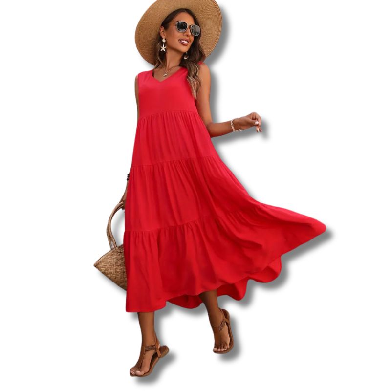 Vestido midi de rayon com decote V e camadas — Bene Donna — imagem 05