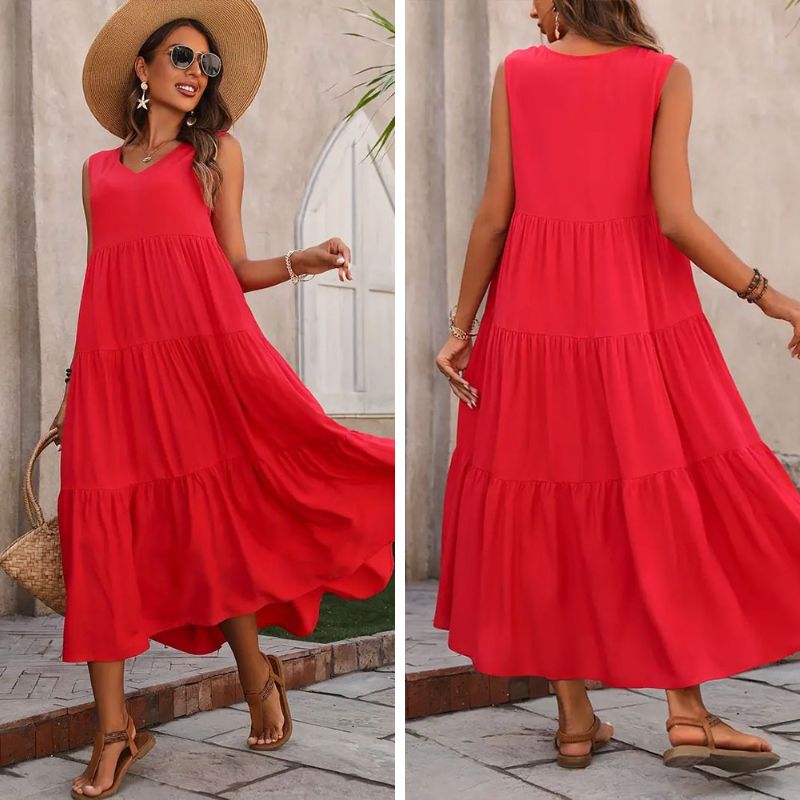 Vestido midi de rayon com decote V e camadas — Bene Donna — imagem 06