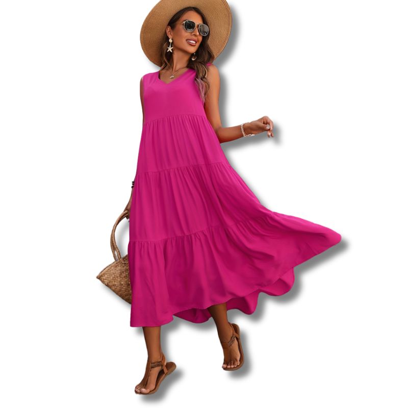 Vestido midi de rayon com decote V e camadas — Bene Donna — imagem 07