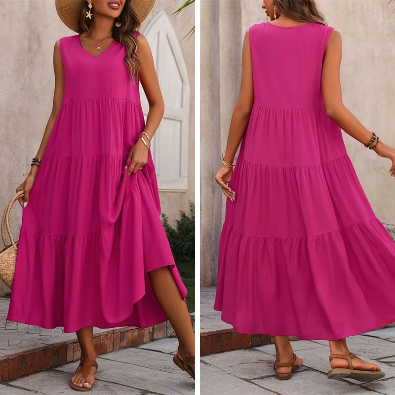 Vestido midi de rayon com decote V e camadas — Bene Donna — imagem 08
