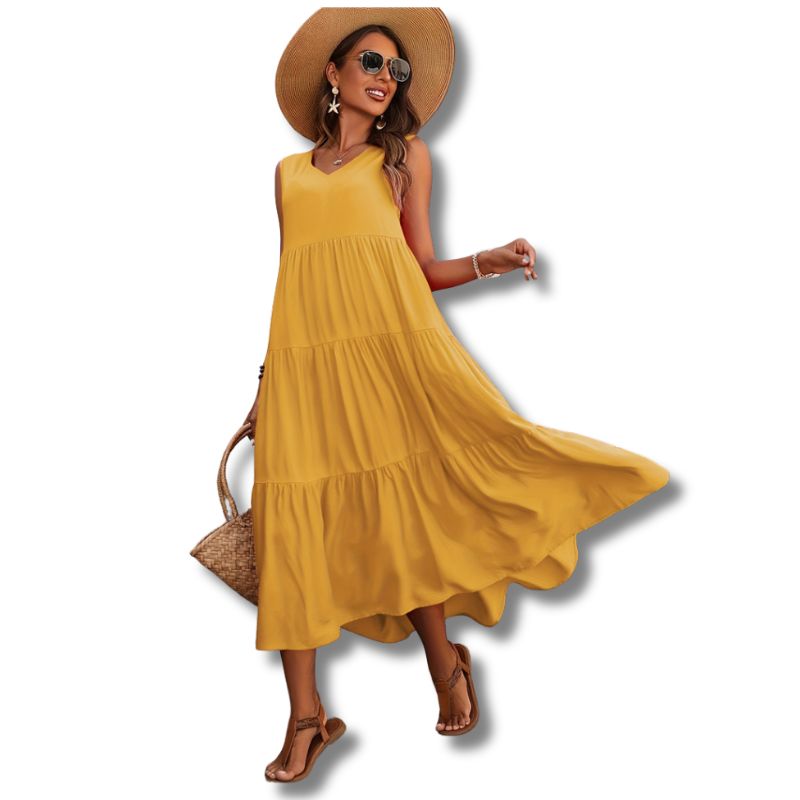 Vestido midi de rayon com decote V e camadas — Bene Donna — imagem 09