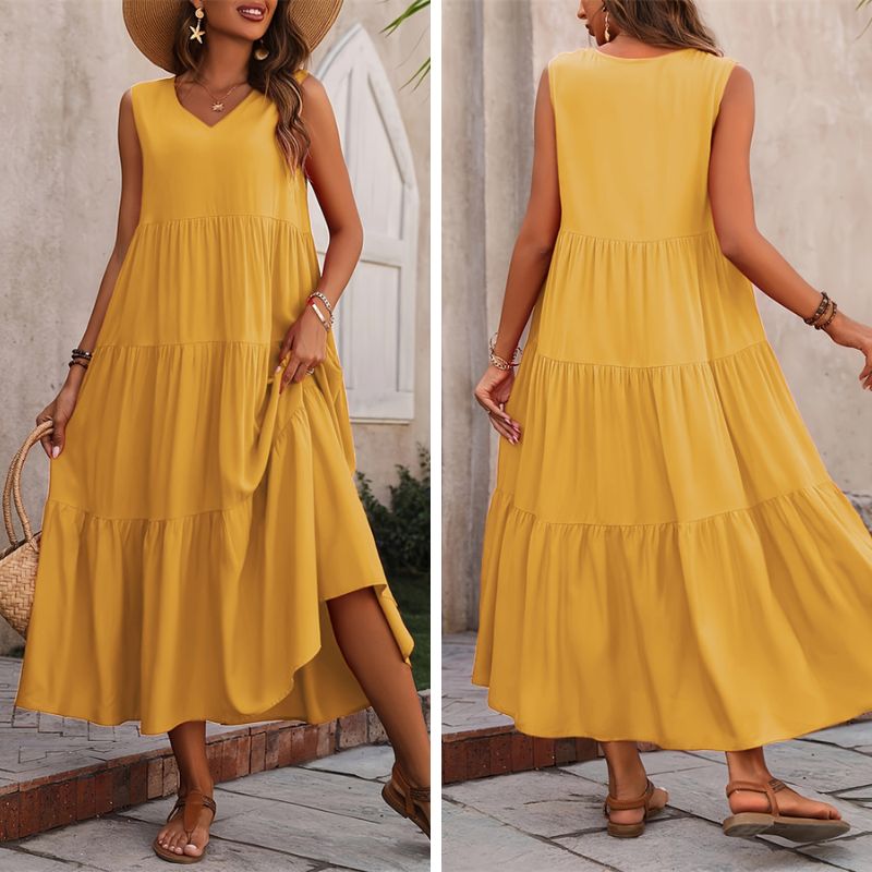 Vestido midi de rayon com decote V e camadas — Bene Donna — imagem 10