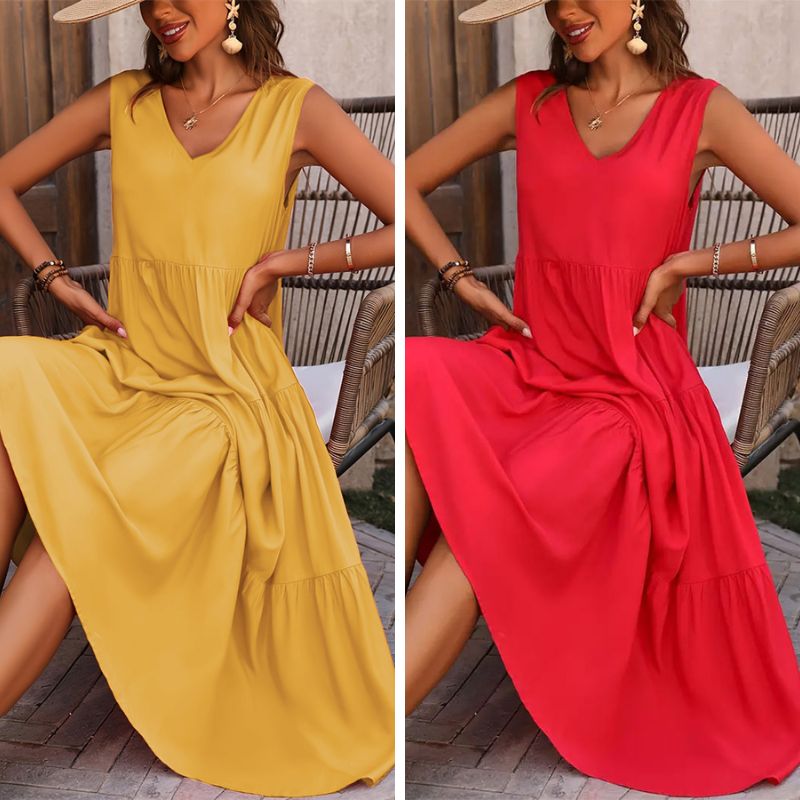 Vestido midi de rayon com decote V e camadas — Bene Donna — imagem 11