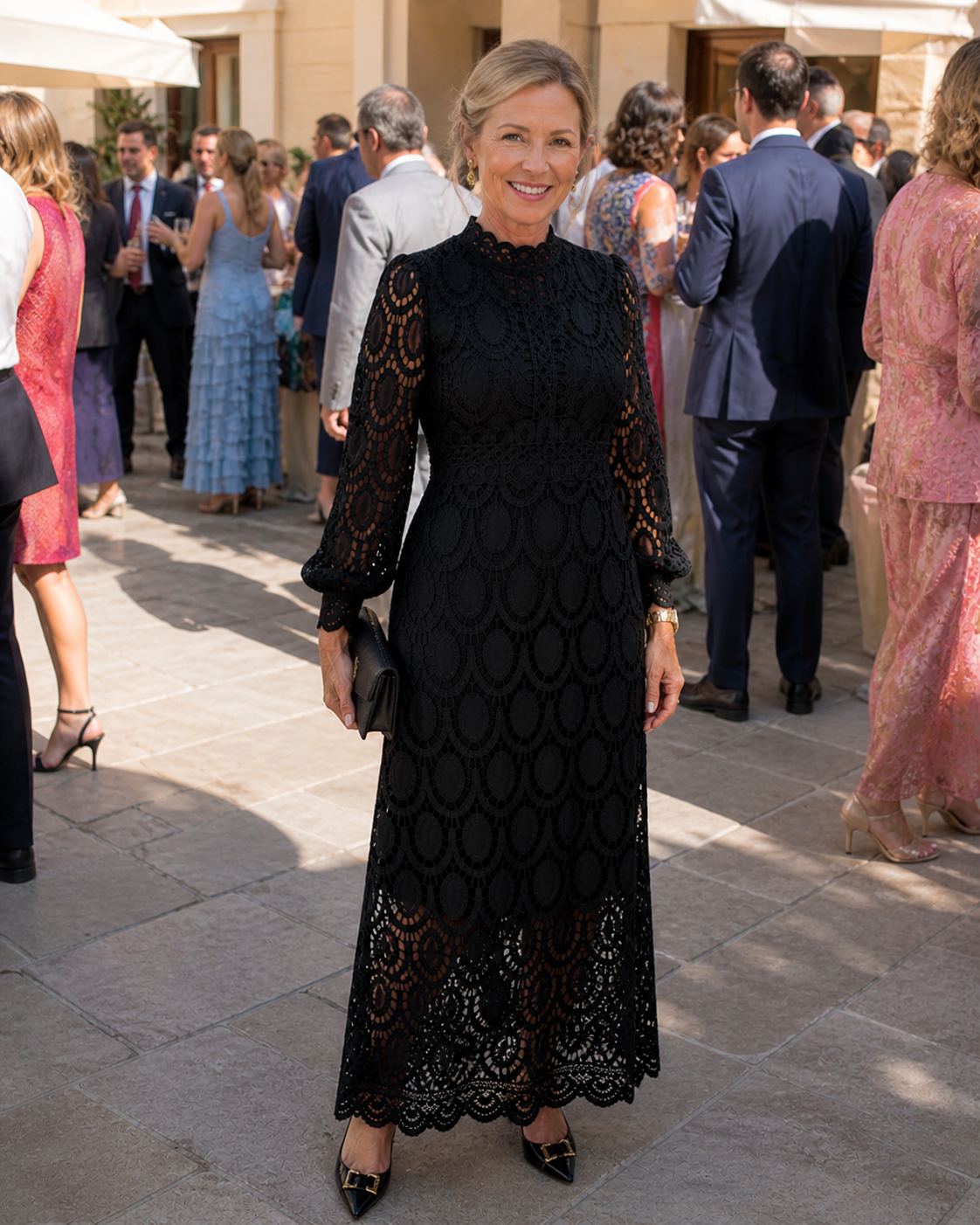 Vestido midi de renda com mangas longas e gola alta — Bene Donna — imagem 03