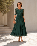 Vestido midi de renda com mangas transparentes e saia em camadas — Bene Donna — imagem 04