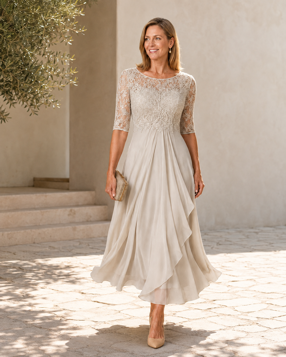 Vestido midi de renda com mangas transparentes e saia em camadas — Bene Donna — imagem 05