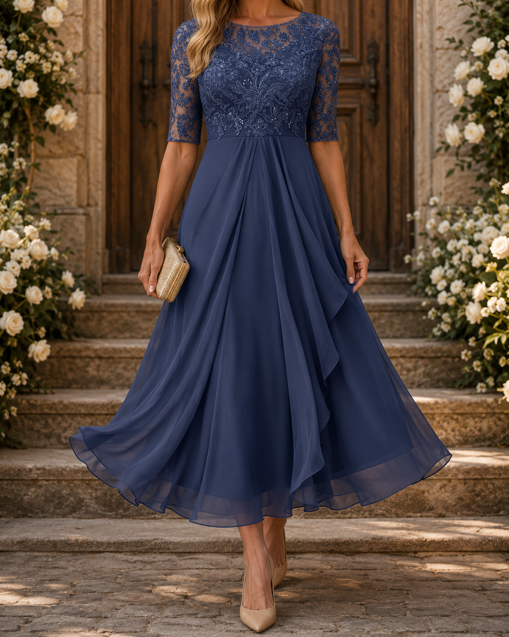 Vestido midi de renda com mangas transparentes e saia em camadas — Bene Donna — imagem 06