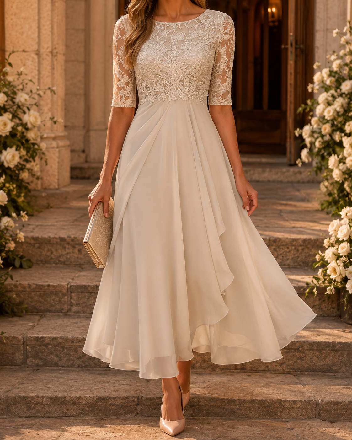 Vestido midi de renda com mangas transparentes e saia em camadas — Bene Donna — imagem 07