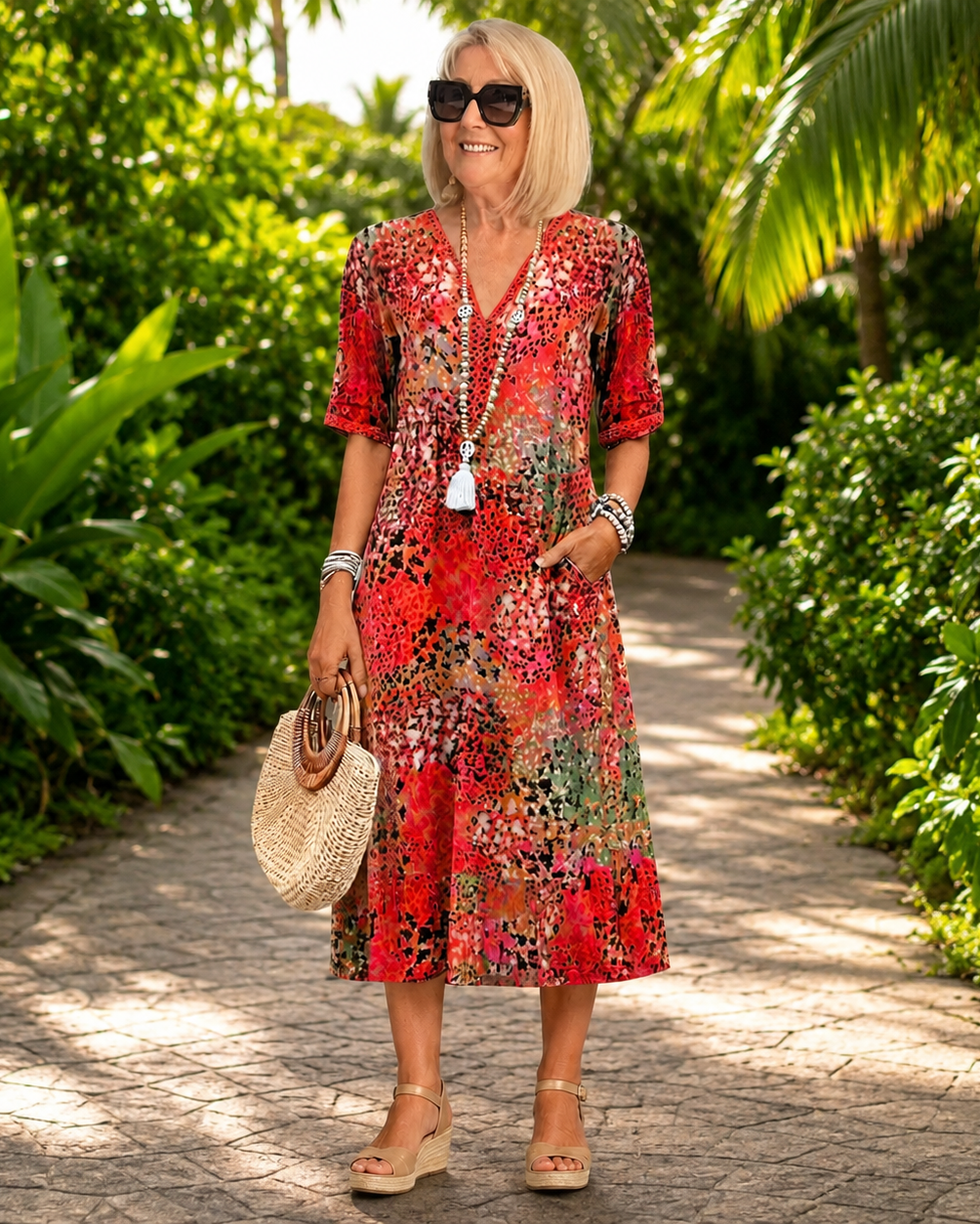 Vestido midi estampado com decote V e mangas amplas — Bene Donna — imagem 01