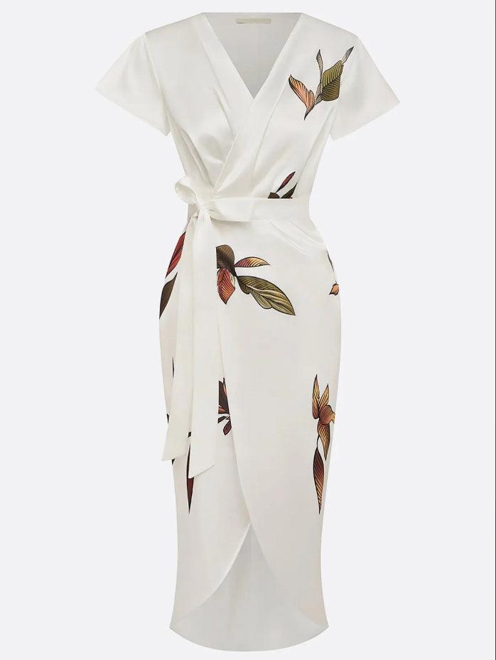 Vestido midi estampado transpassado com cintura de amarrar — Bene Donna — imagem 04