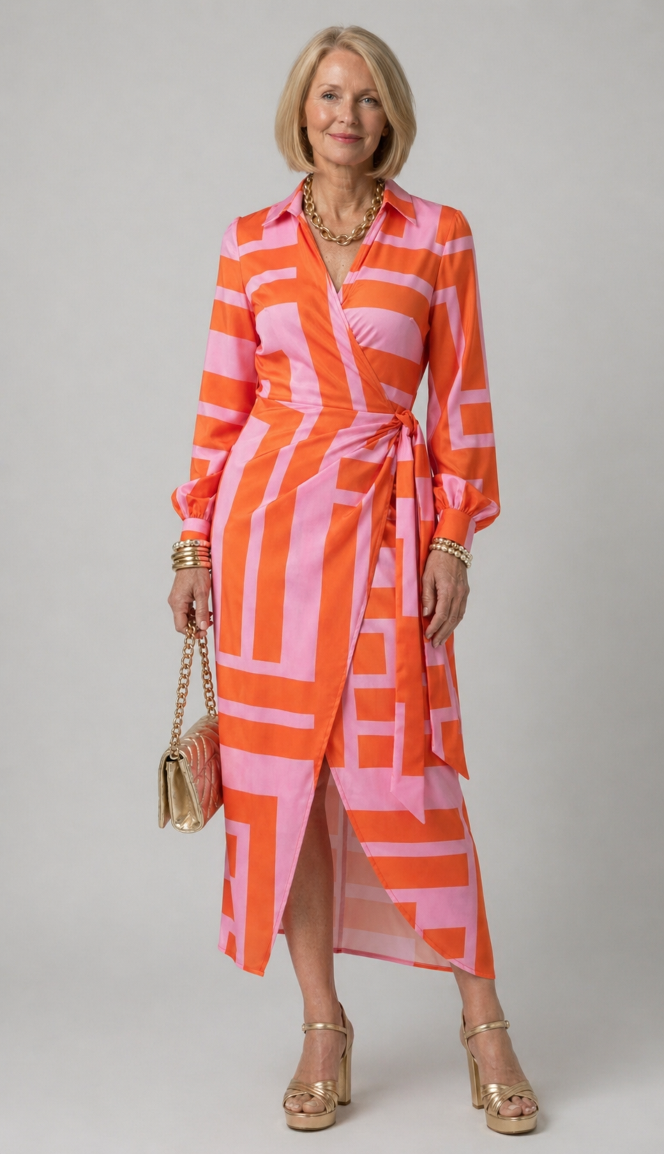 Vestido midi estampado transpassado com faixa de amarrar — Bene Donna — imagem 03