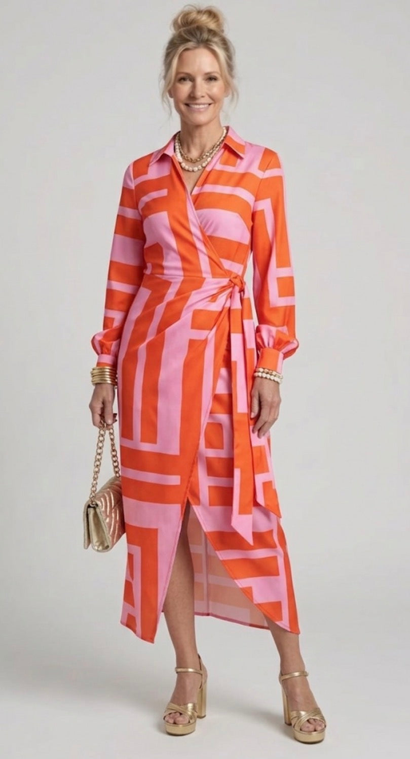 Vestido midi estampado transpassado com faixa de amarrar — Bene Donna — imagem 04