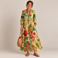 Vestido midi floral com decote V e barra de babados assimétrica — Bene Donna — imagem 01