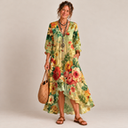 Vestido midi floral com decote V e barra de babados assimétrica — Bene Donna — imagem 01