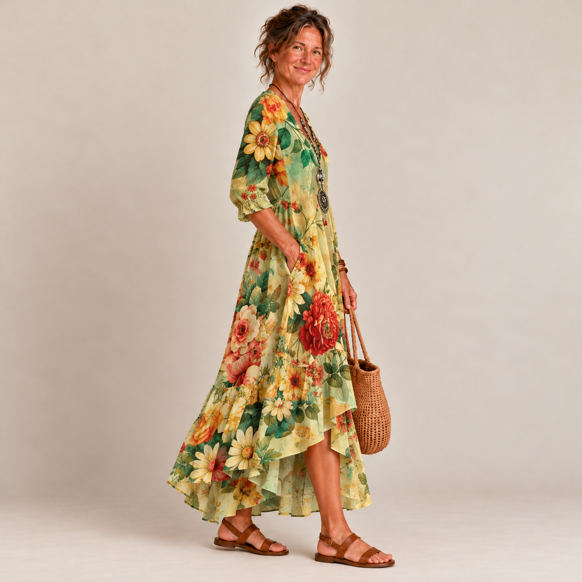 Vestido midi floral com decote V e barra de babados assimétrica — Bene Donna — imagem 02