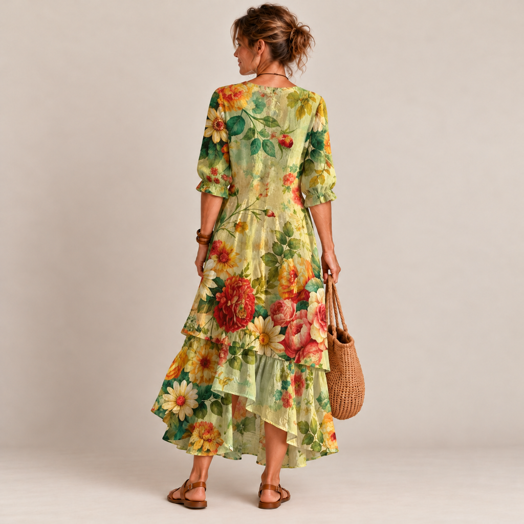 Vestido midi floral com decote V e barra de babados assimétrica — Bene Donna — imagem 03