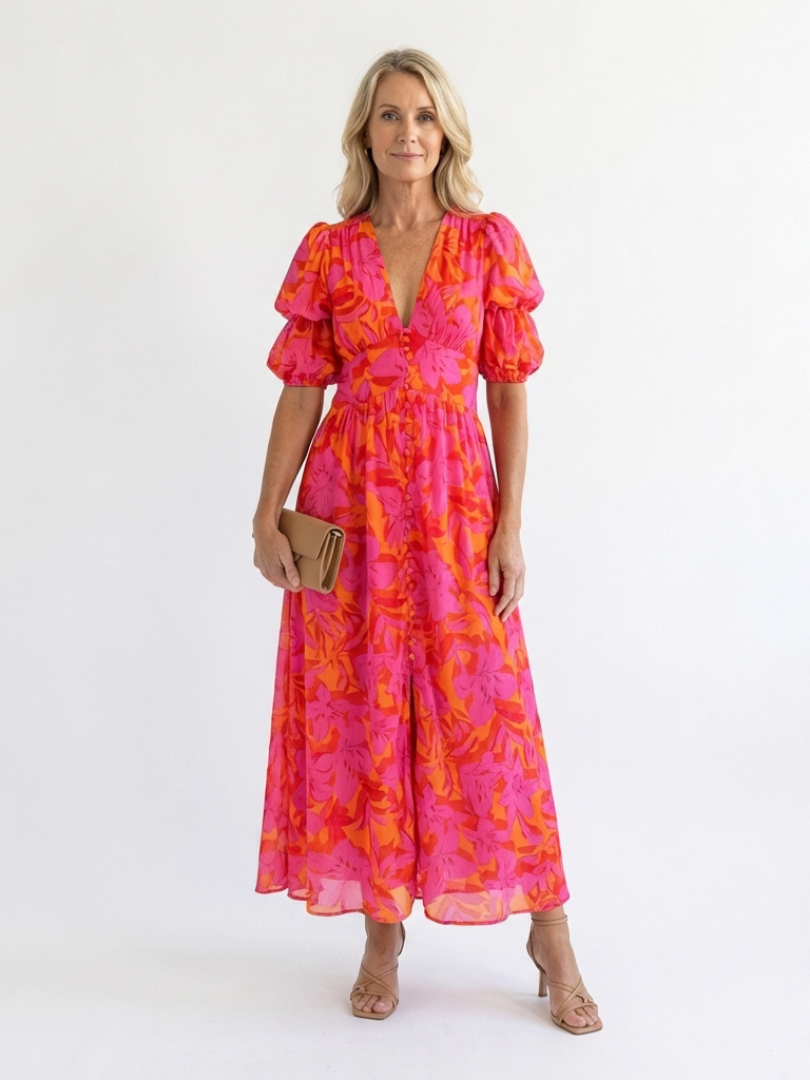 Vestido midi floral com mangas bufantes e decote V — Bene Donna — imagem 01