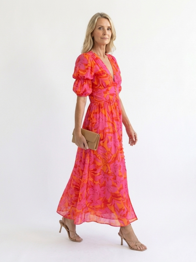 Vestido midi floral com mangas bufantes e decote V — Bene Donna — imagem 03