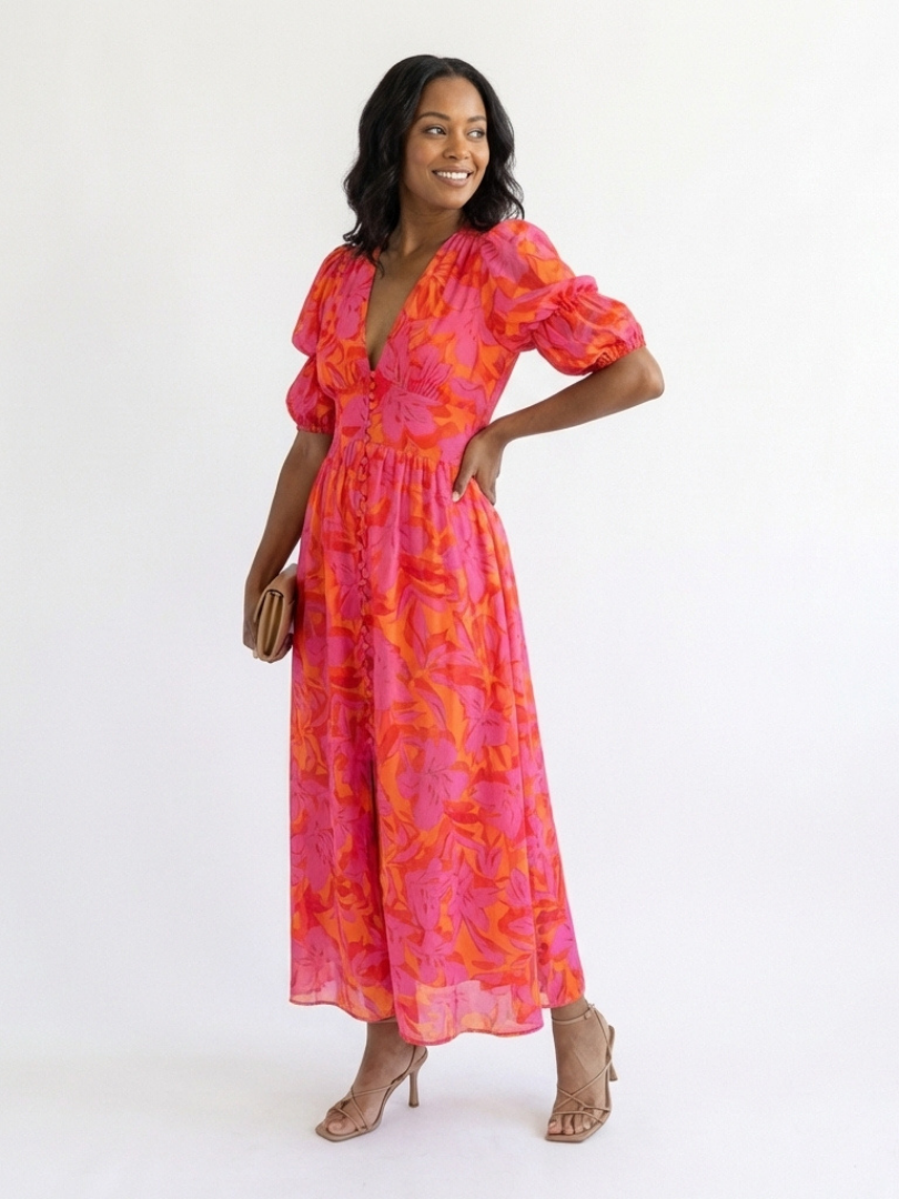 Vestido midi floral com mangas bufantes e decote V — Bene Donna — imagem 05