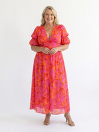 Vestido midi floral com mangas bufantes e decote V — Bene Donna — imagem 06