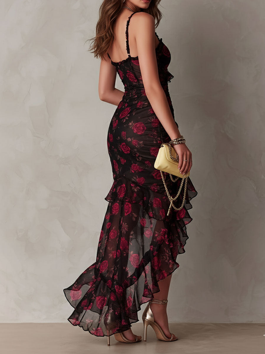 Vestido midi floral com renda e barra de babados em camadas — Bene Donna — imagem 03