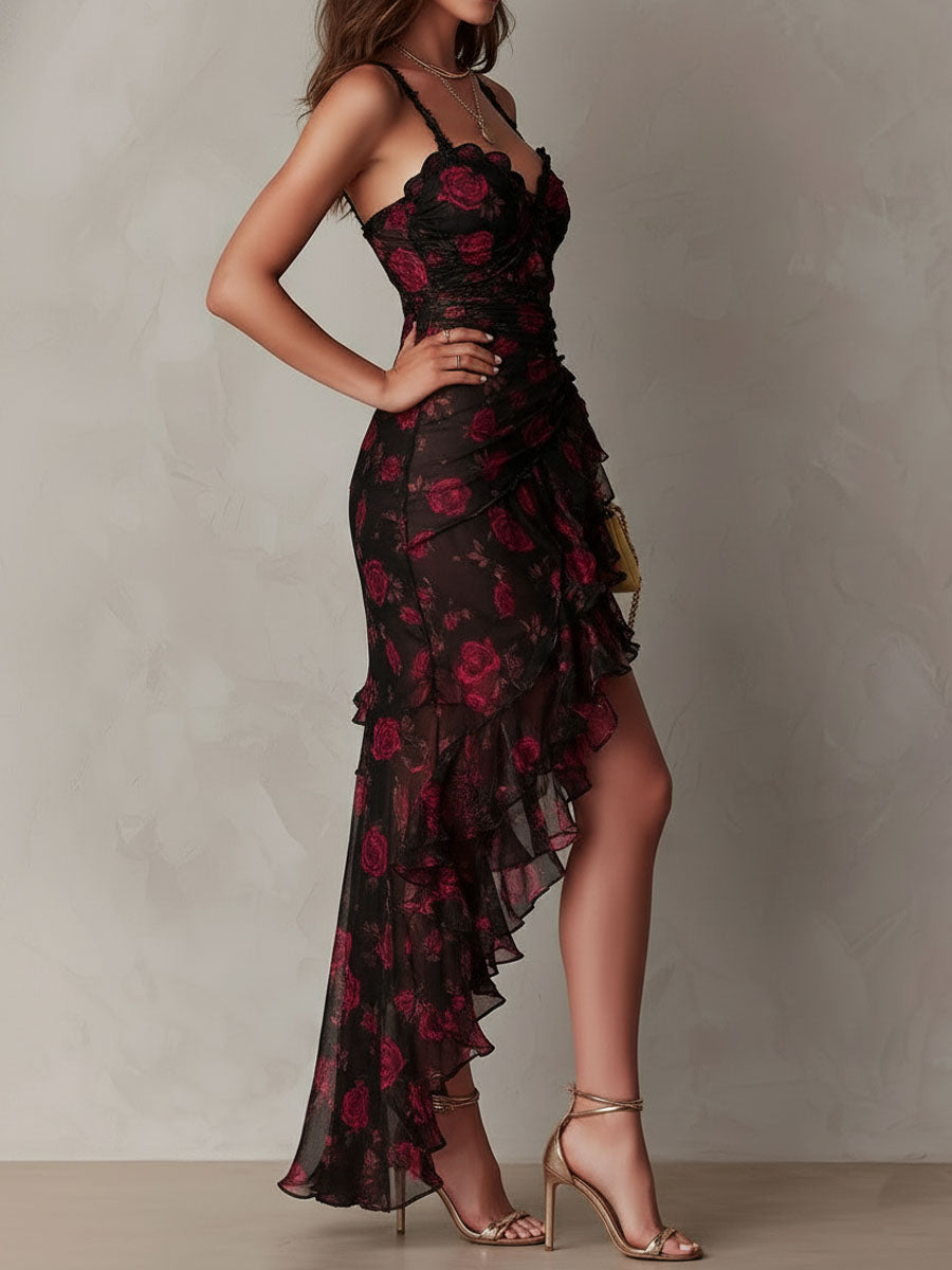 Vestido midi floral com renda e barra de babados em camadas — Bene Donna — imagem 04