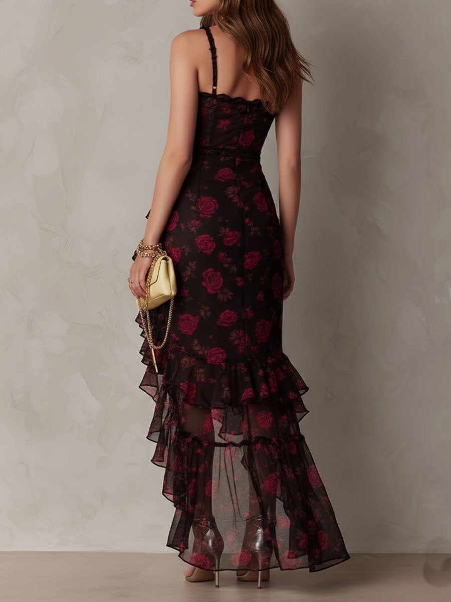 Vestido midi floral com renda e barra de babados em camadas — Bene Donna — imagem 05
