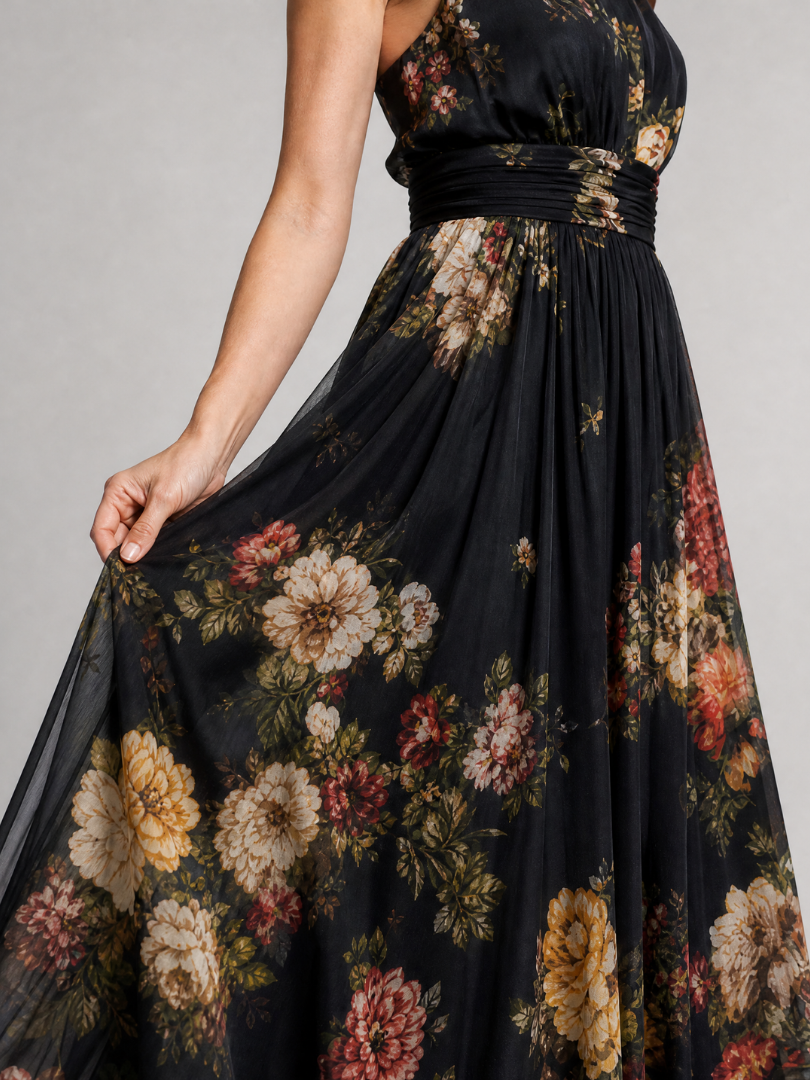 Vestido midi floral frente única com cintura marcada — Bene Donna — imagem 02