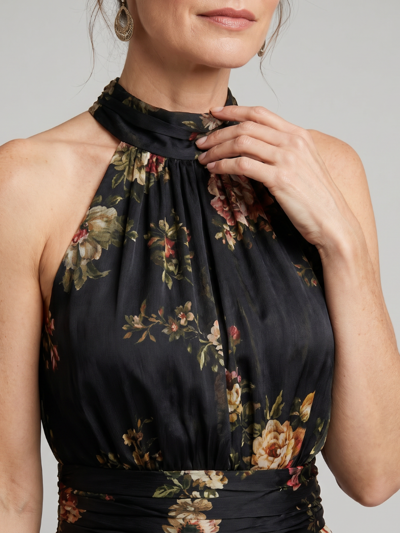 Vestido midi floral frente única com cintura marcada — Bene Donna — imagem 03