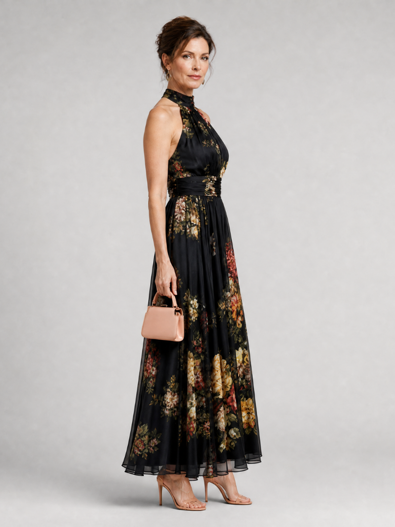 Vestido midi floral frente única com cintura marcada — Bene Donna — imagem 04