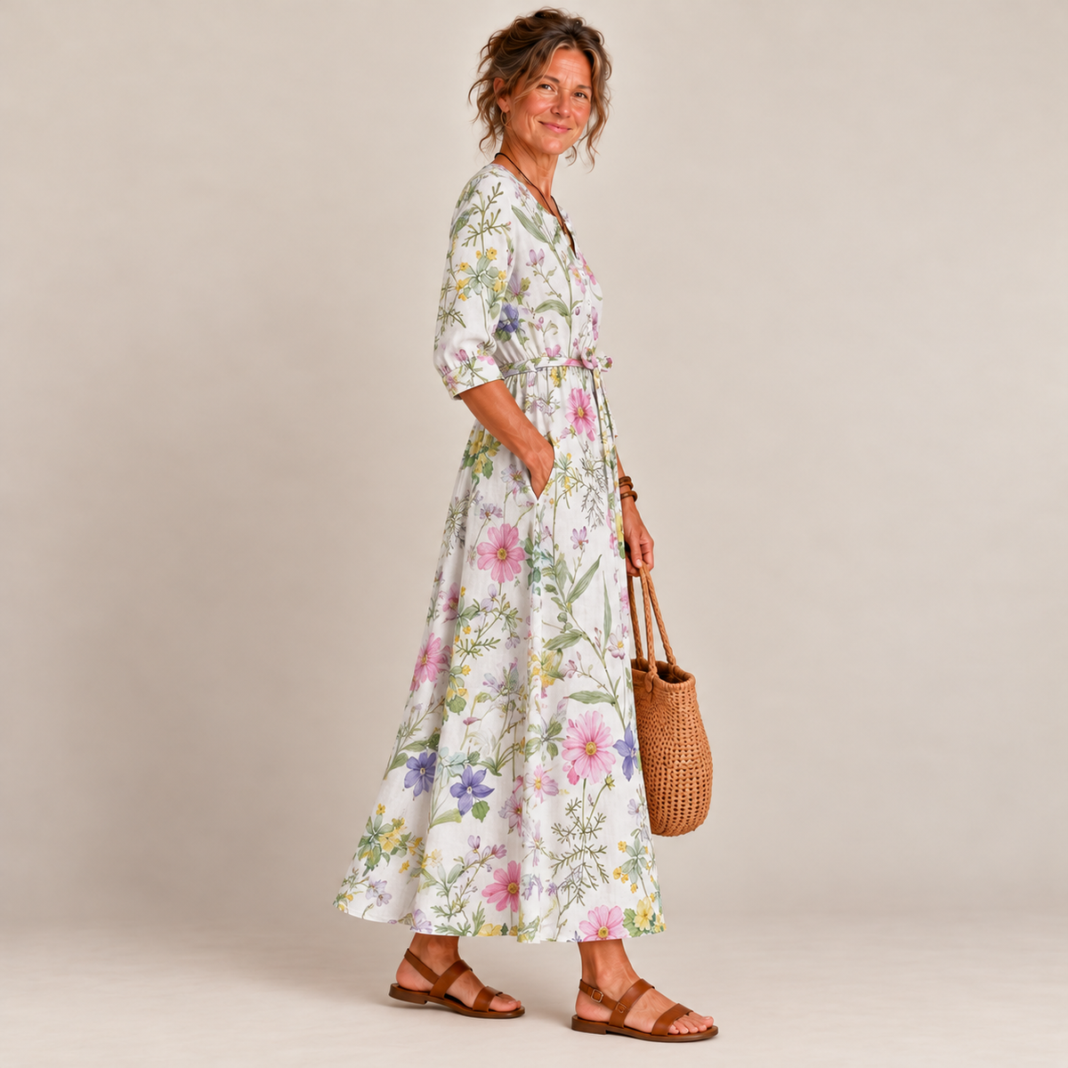 Vestido midi floral manga 3/4 com amarração — Bene Donna — imagem 02