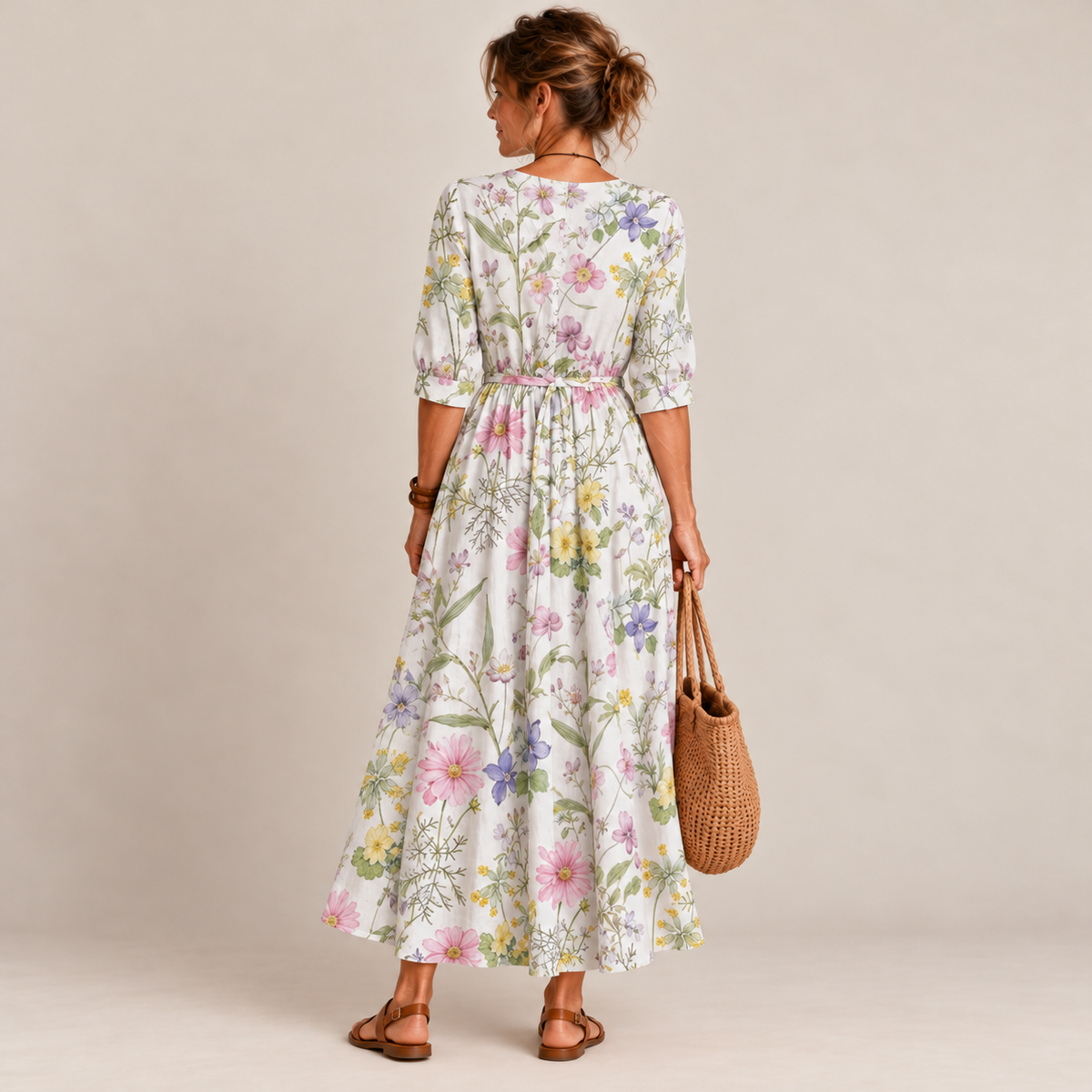 Vestido midi floral manga 3/4 com amarração — Bene Donna — imagem 03