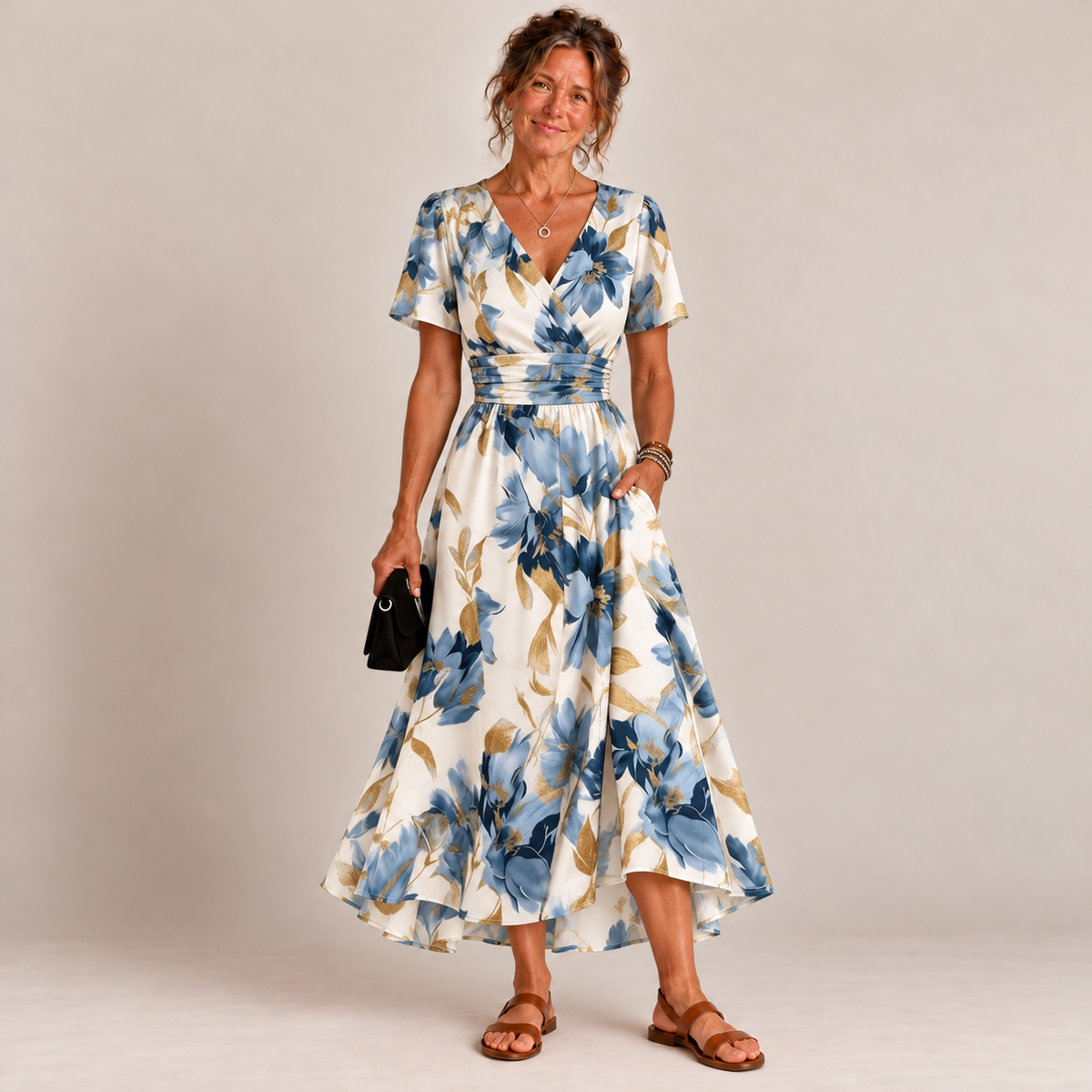 Vestido midi floral transpassado com barra assimétrica — Bene Donna — imagem 01