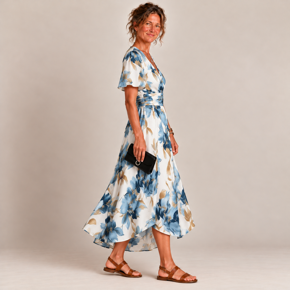Vestido midi floral transpassado com barra assimétrica — Bene Donna — imagem 02