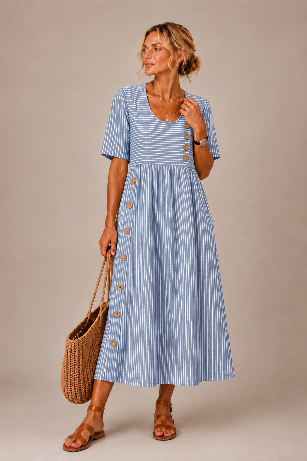Vestido midi listrado com botões diagonais e bolsos — Bene Donna — imagem 01
