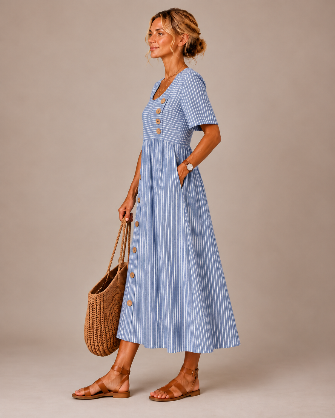 Vestido midi listrado com botões diagonais e bolsos — Bene Donna — imagem 02