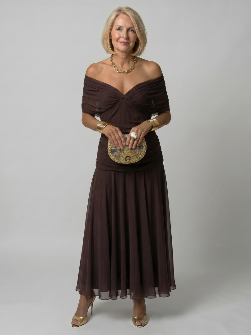 Vestido midi ombro a ombro com saia evasê — Bene Donna — imagem 04