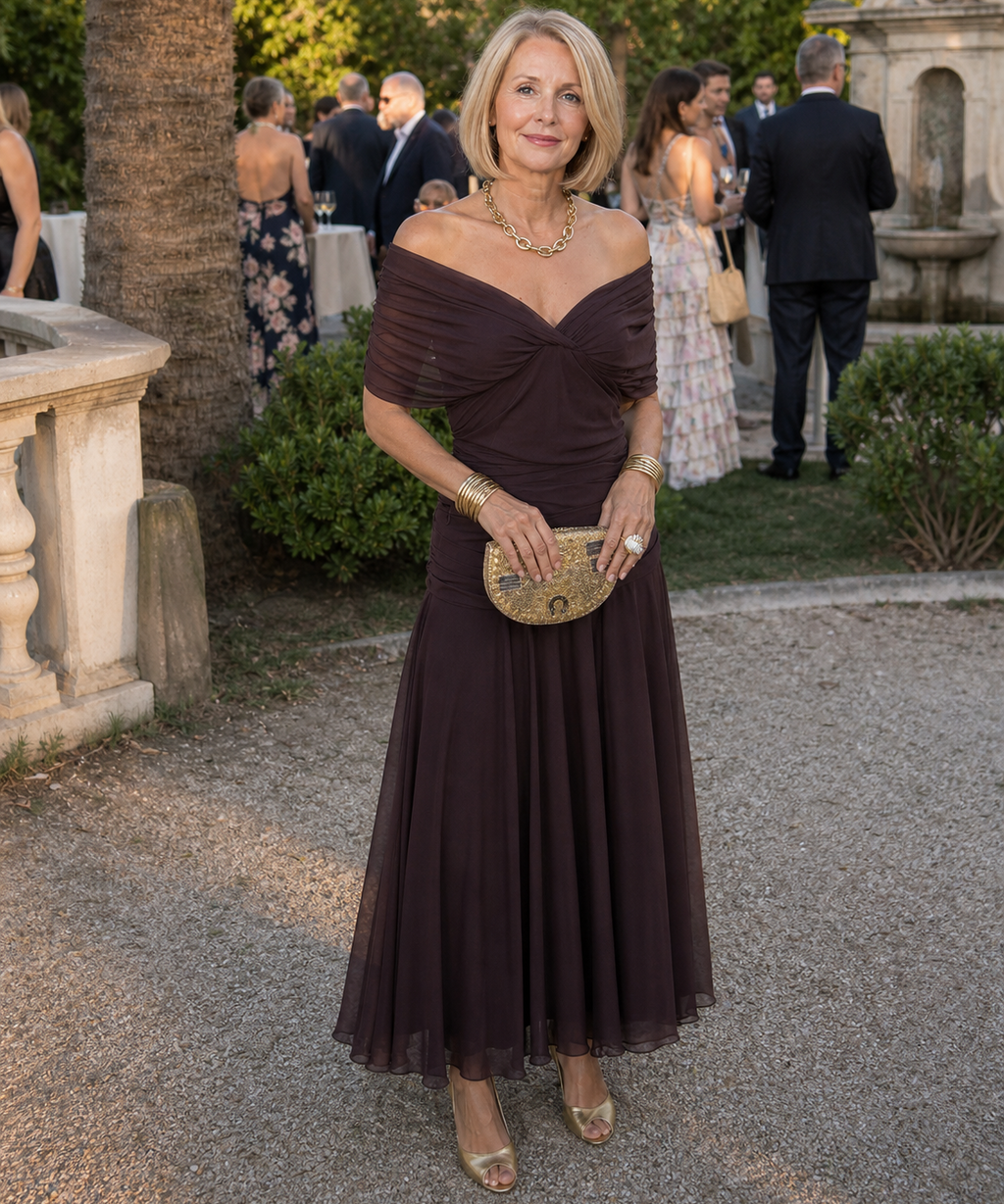 Vestido midi ombro a ombro com saia evasê — Bene Donna — imagem 05