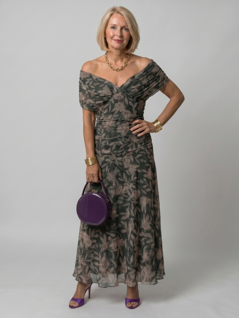 Vestido midi ombro a ombro com saia evasê — Bene Donna — imagem 13
