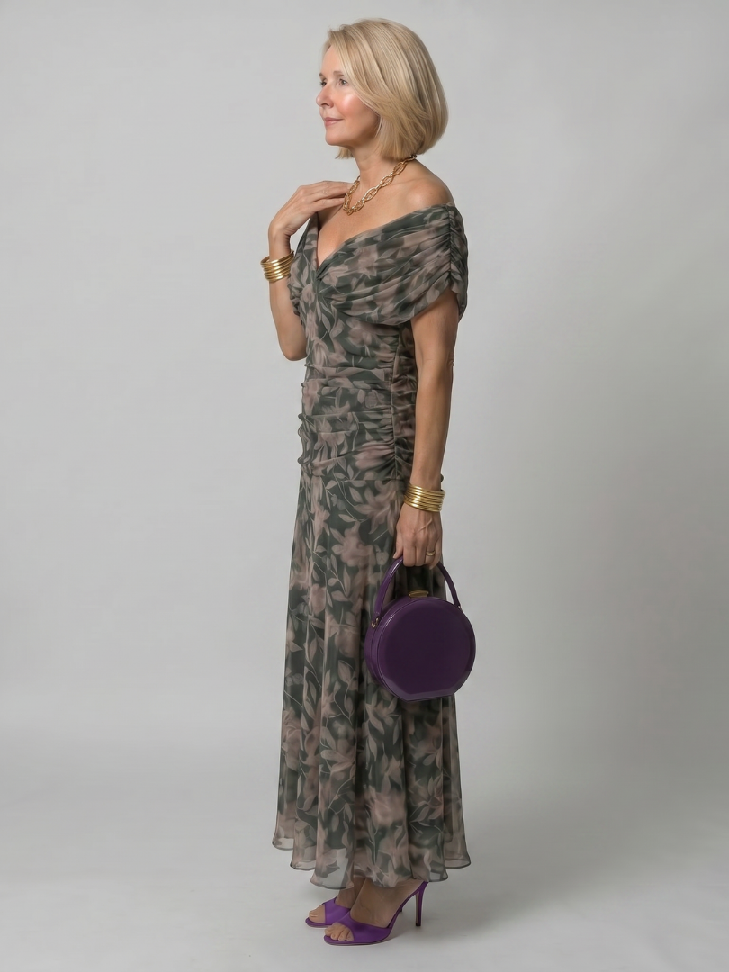 Vestido midi ombro a ombro com saia evasê — Bene Donna — imagem 14