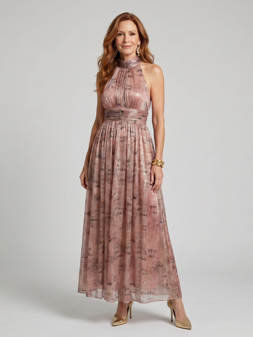 Vestido midi texturizado sem mangas com saia plissada — Bene Donna — imagem 01